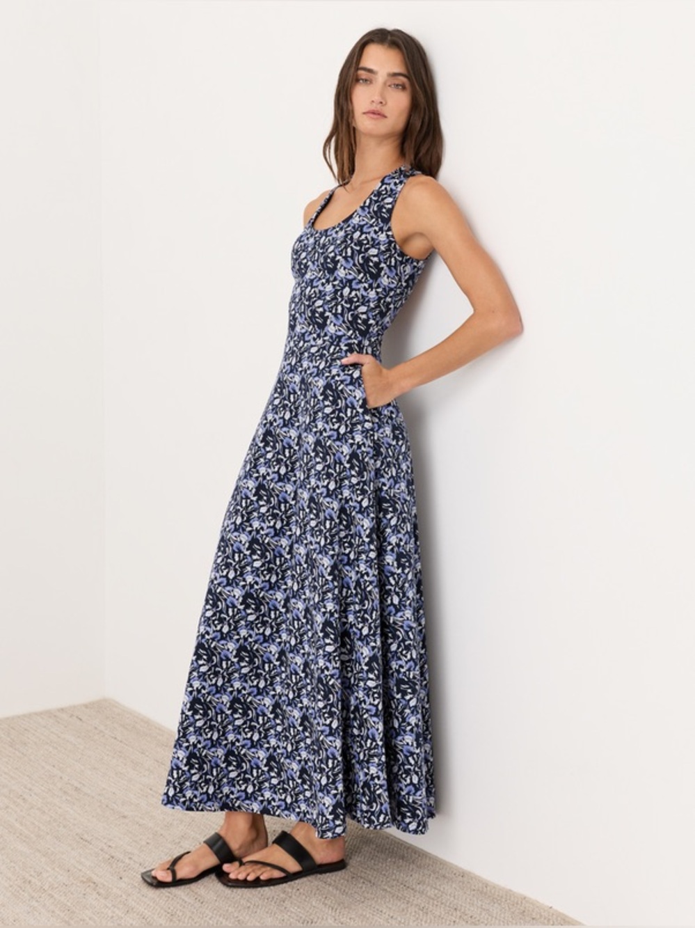 Pact Organic Fit & Flare Open Back Maxi Dress in Paradise Petals Navy Blue